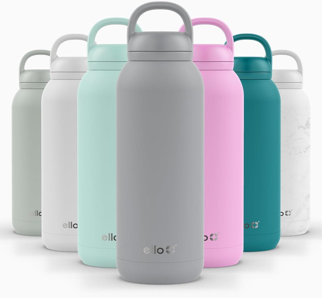 Ello Cooper Twist 40oz Stainless Steel Water Bottle with Chug Lid | Leak Proof | Double Walled and Vacuum Insulated | Built in Carry Loop | Dishwasher Safe | Gray