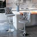 Grey Bar Stools Set of 2, Adjustable Upholstered Counter Height Barstools with Back and Silver Footrest, Modern Velvet Swivel Barstools for Kitchen Counter, Grey