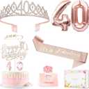 40th Birthday Gifts Decorations for Women, Including 40th Happy Birthday Cake Toppers, Birthday Queen Sash with Pearl Pin, Sweet Rhinestone Tiara Crown, Number Candles and Balloons Set