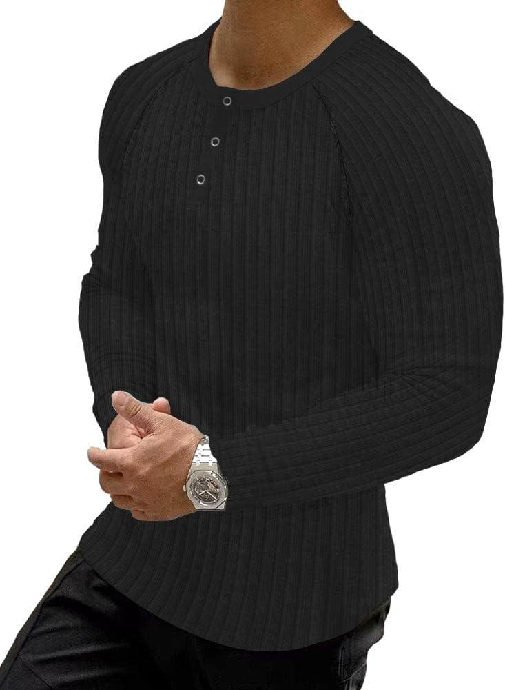 Muscle Cmdr Men's Ribbed Henley Shirt Short Sleeve Slim Fit Muscle Shirt Fitted Cotton Casual Long Sleeve, XL