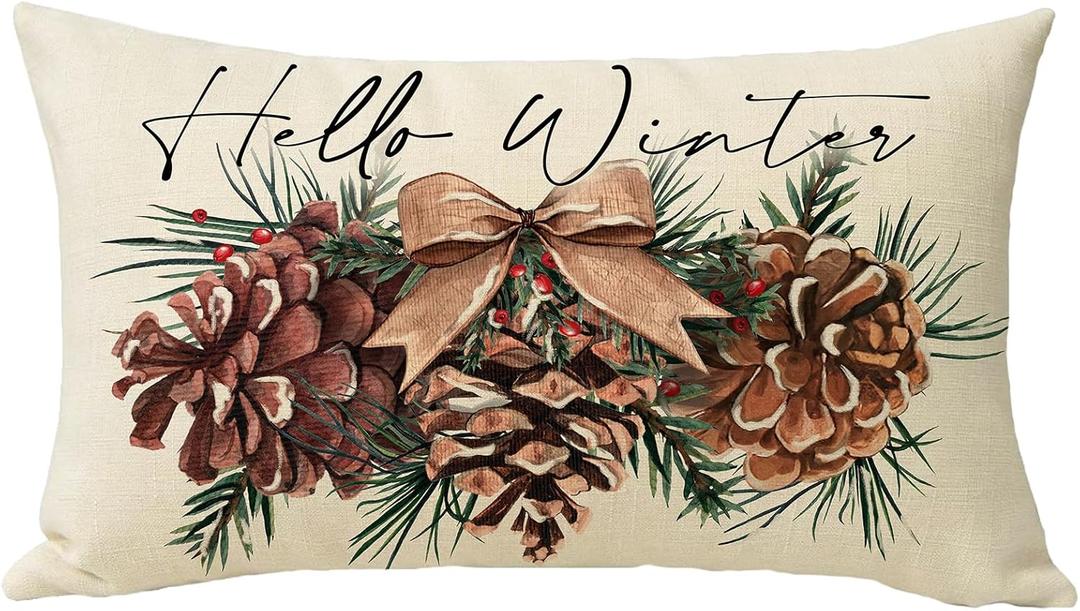 Hello Winter Pine Cone Lumbar Decorative Throw Pillow Cover 12 x 20, Rectangular Pine Needle Bow Outdoor Home Decor, Christmas Seasonal Red Berry Sofa Couch Cushion Case