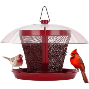 Kingsyard Bird Feeder for Outside, Dual-Use Metal Mesh Wild Bird Feeder with Weatherproof Dome Dual, 2.5 lbs Seed Capacity for Finch Cardinal (Red)