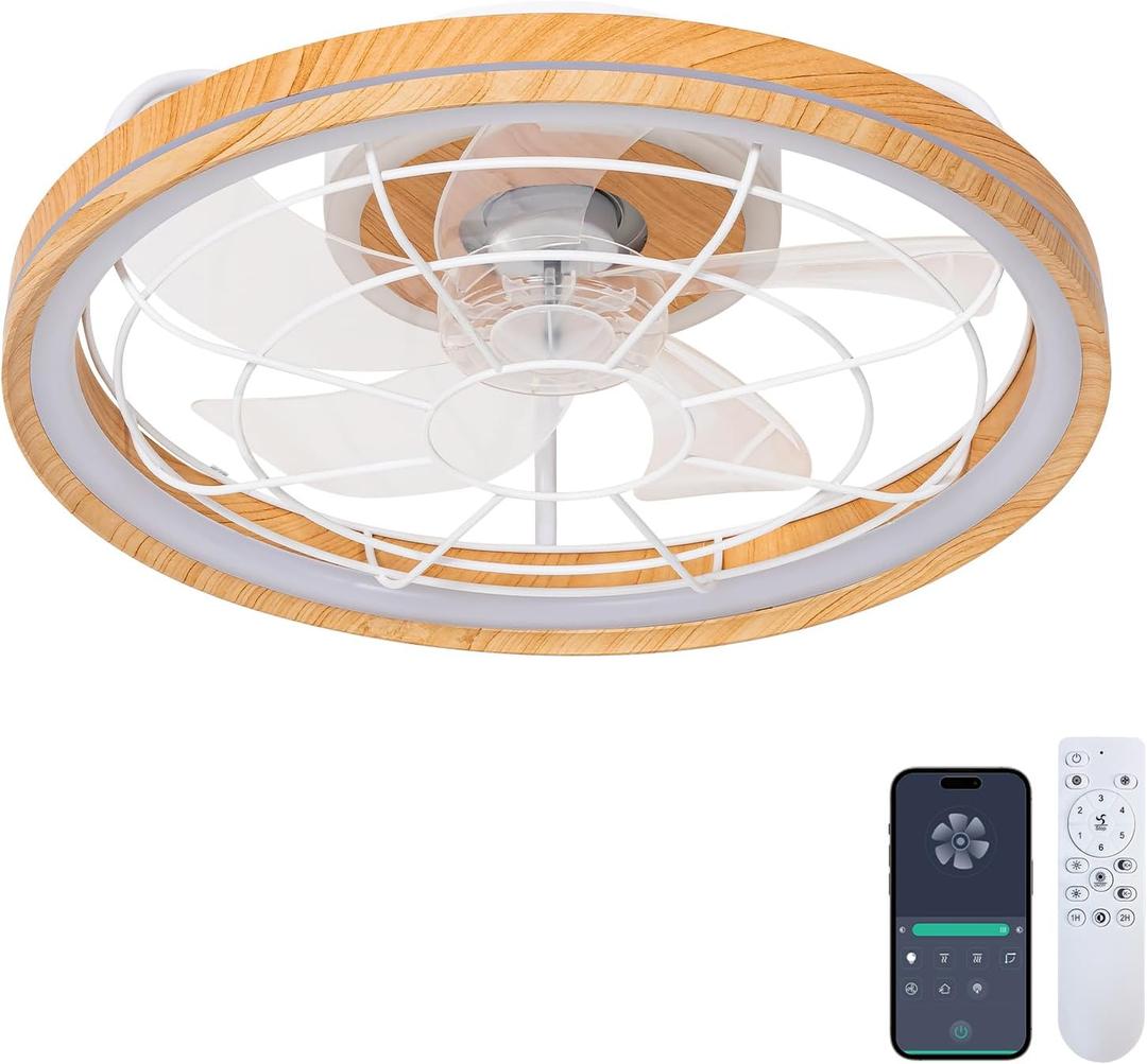 20'' Smart Ceiling Fan with Lights and Remote Modern Slim Low Profile Ceiling Fans with Lights App Control 6 Speeds Infinitely Dimmable Quiet Reversible Dc Motor for Living Room (Original wood color)