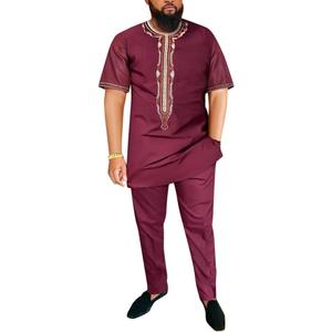 HD Men's African Clothes Embroidery Tunic Shirt and Pant Suit Two Pieces Dashiki Outfit Short Sleeves (XX-Large, Burgundy-18)