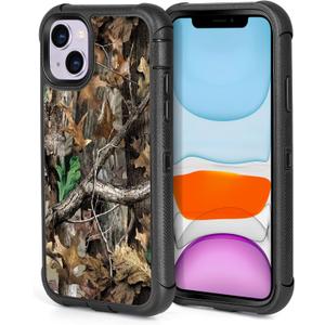 Compatible with iPhone 15 Case Camo Leaf Design for Men Boys Kids, 3-Layer Rugged Shockproof Hard Plastic Bumper +Soft Silicone Rubber Heavy Duty Protection Cover
