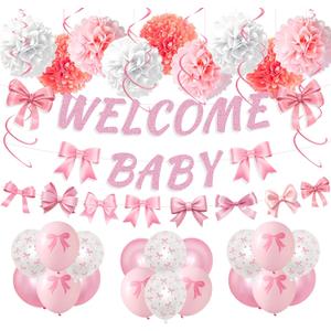 Welcome Home Baby Girl Banner - 35 Pcs Pink Bow Baby Shower Decorations Balloons Banner Garland Swirls Paper Pom Pom For Welcome Baby Gender Reveal Party Decor
