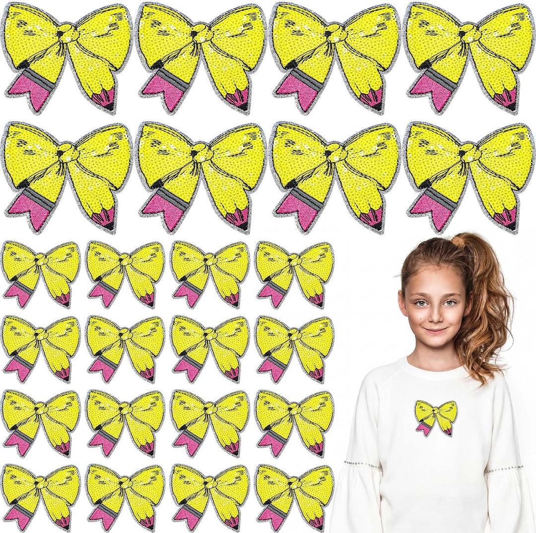 Suncalla 24 Pcs Pencil Bow Sequin Iron on Patches for School Teacher, 2.4 x 2 inches / 6 x 5 cm