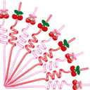 24 Pcs Cherry Bow Drink Straws 10.4 Inch Pink Red Coquette Bow Plastic Straws Preppy Fruit Theme Birthday Supplies for Baby Shower Bachelorette Galentines Day Valentines Wedding Party Favors