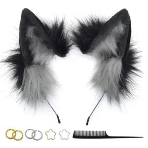 Cat Wolf Fox Dog Ears Headband Handmade Faux fur Cosplay Halloween Costume Party (Black+grey)