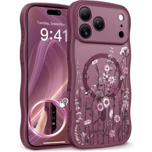 GVIEWIN for iPhone 17 Pro Case Compatible with MagSafe [Curly Wave Edge][Full Camera Protection] Floral Translucent Shockproof Magnetic Women Phone Case for iPhone 17 Pro 6.3'', Floratopia/Burgundy
