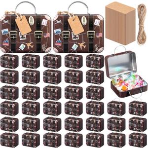 24 Pieces Mini Suitcase Boxes, Tin Plate Candy Party Favor Gift, Small Suitcase Box for Party Wedding Travel Bride Shower Decoration, with Labels and Hemp Rope