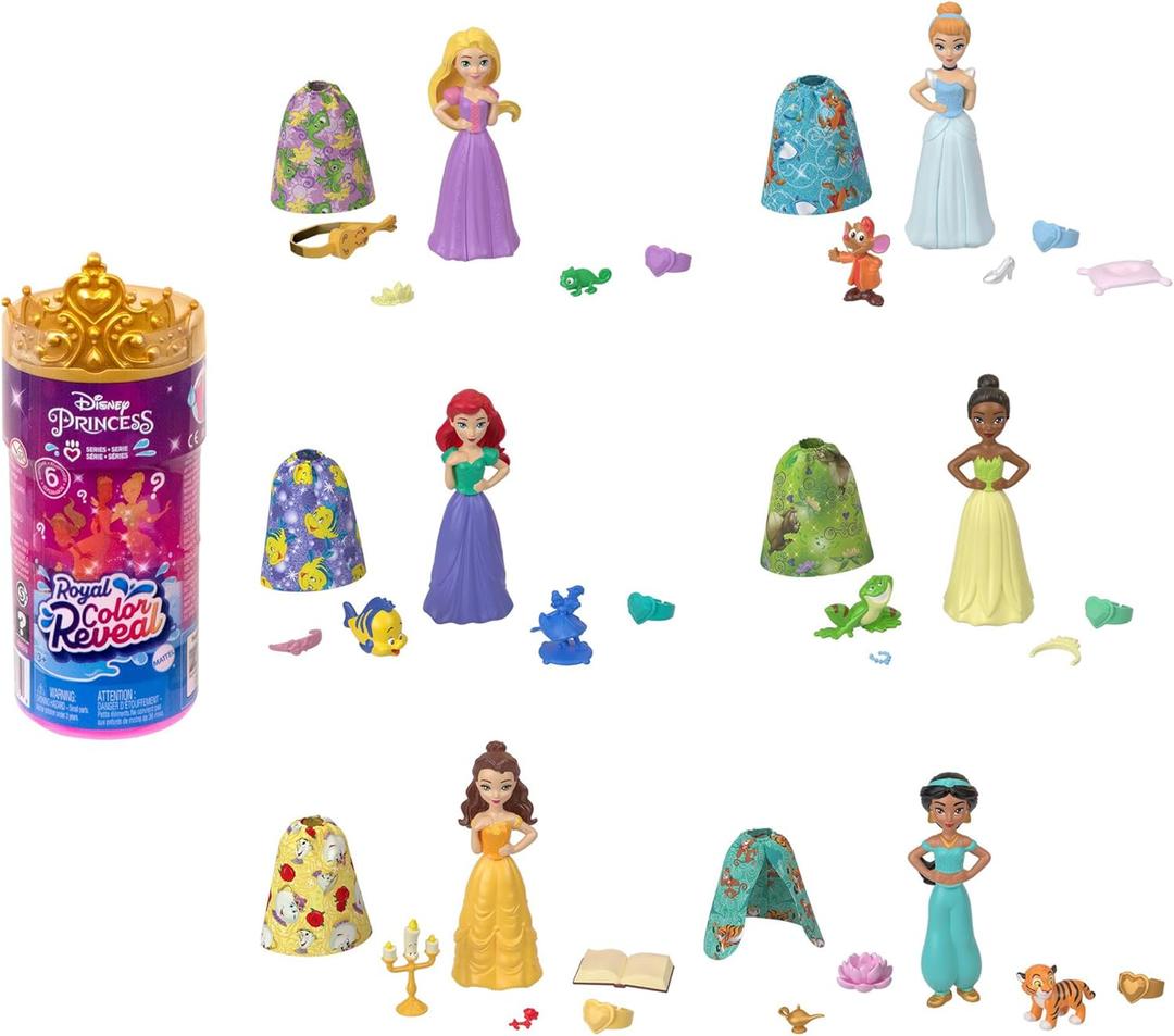 Mattel Disney Princess Small Doll Royal Color Reveal with 6 Surprises Including 1 Character Figure and 4 Accessories (Dolls May Vary), Pack of 2