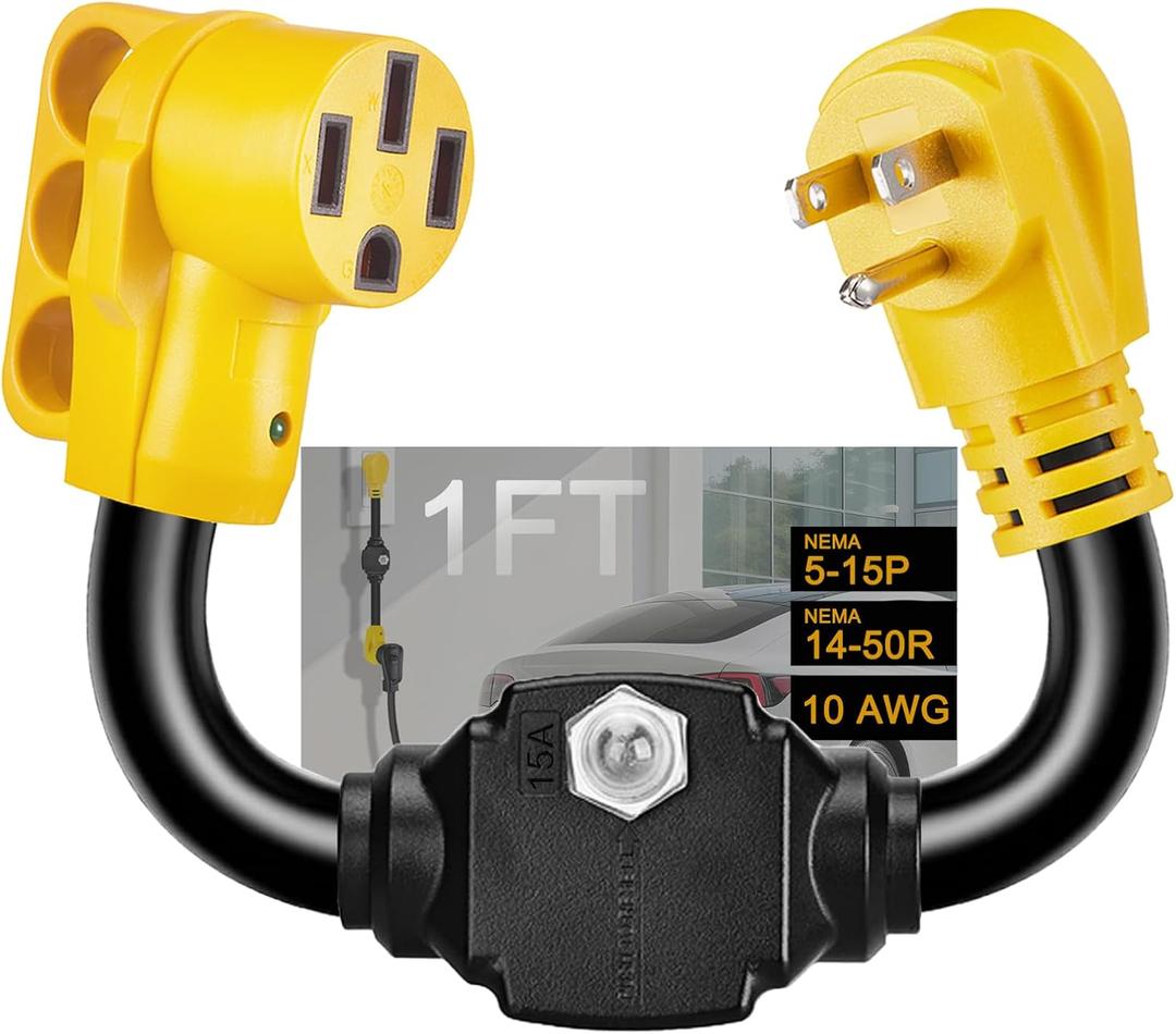 EV Charger Adapter Cord NEMA 5-15P to 14-50R with Circuit Breaker, Overload Protector, 3 Prong Household to 4 Prong Tesla Charger Adapter with Handle & LED Indicator, STW 10AWG, ETL Listed