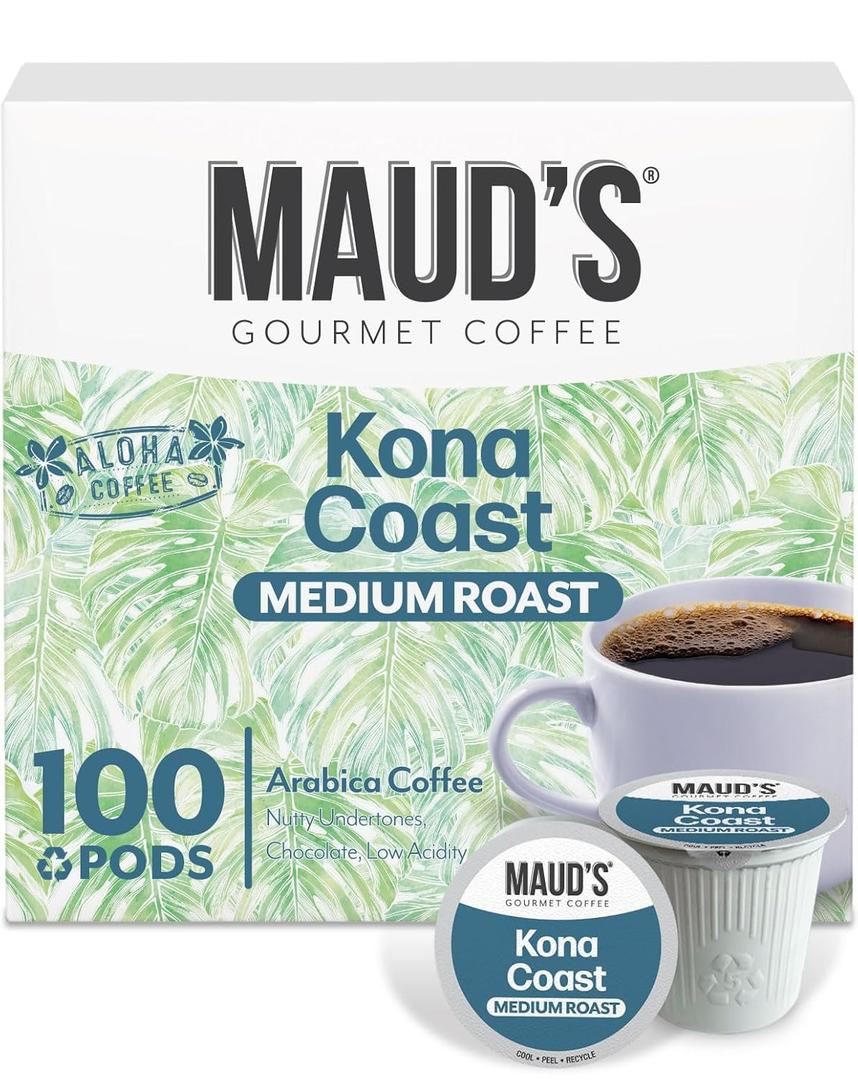 Maud's Kona Coffee Pods, 100 ct, Medium Roast Coffee in Recyclable Single Serve Pods 100% Arabica Coffee, Compatible with Keurig K Cups Maker, 22 October 2027 