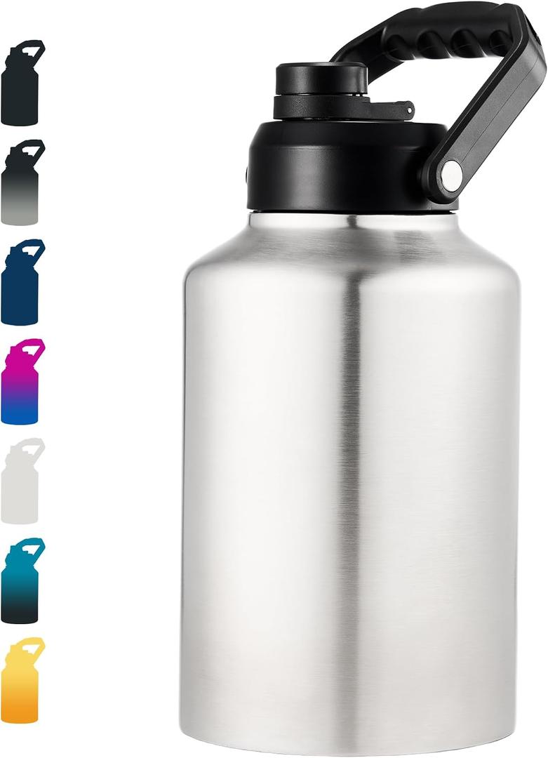 Fijinhom Insulated Gallon Jug, Large 128oz Stainless Steel Insulated Water Bottles with Handle, Leak proof, Double-Wall Vacuum Insulation for Construction Sites, Camping and Hiking, Stainless steel