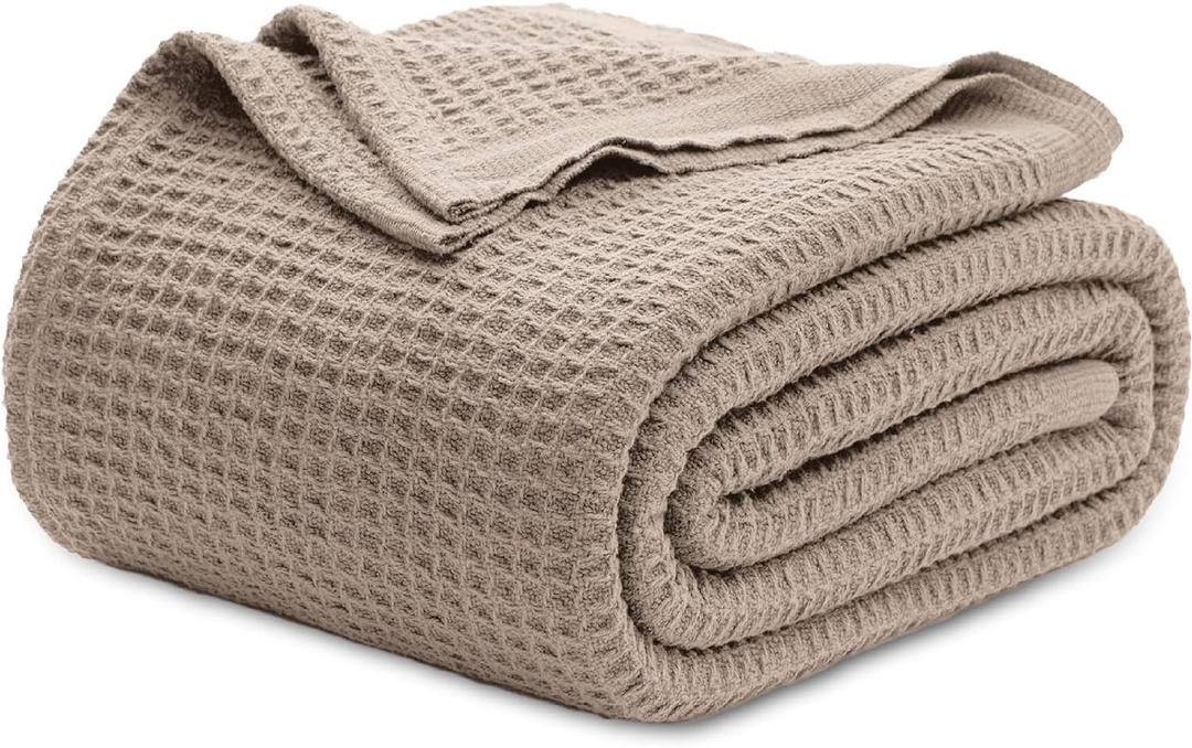 Bedsure 100% Cotton Blanket King Size for Bed - Breathable and Soft, Waffle Weave Blanket for Summer Spring, Tan, 104x90 inches