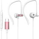USB C Headphones with Microphone Wired USB C Earphones for Sports and Running Type C Earbuds Hooks Volume Control, Compatible with iPhone 16/15, Samsung, Google and Other Type C Phone, Rose Gold