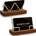 Amyhill 2 Pieces Wood Business Card Holder for Desk Wooden Business Card Display Stand Postcard Holder for Office Home Desktop (Wood Color, Gold)