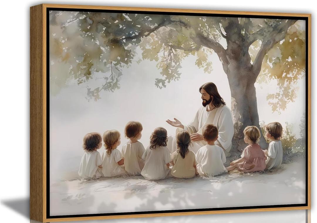 Framed Jesus With Children Canvas Wall Art Christian Kids Room Painting Picture Wall Decor Jesus Teaching Children Poster Print Artwork for Child Room Bedroom Classroom Home Decoration 16inx24in