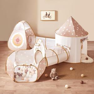 Tiny Land Play Tunnel and Ball Pit for Toddlers, 5pcs Indoor Playground - Foldable Pop Up Tents with Carry Bag, Outdoor Playhouse with Crawling Toys & Play Tent, Gift for Boys and Girls (5 in 1 Khaki)