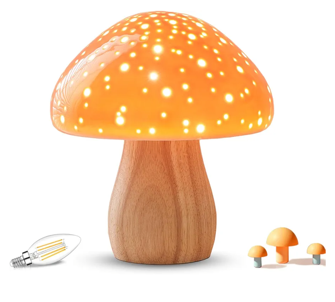 BOHON Mushroom Lamp, Ceramic Bedside Table Lamp for Bedroom Nightstand, Retro Vintage Orange Night Light, Small Aesthetic Lamp for Living Room Desk Home Decor, LED Bulb Included, Orange