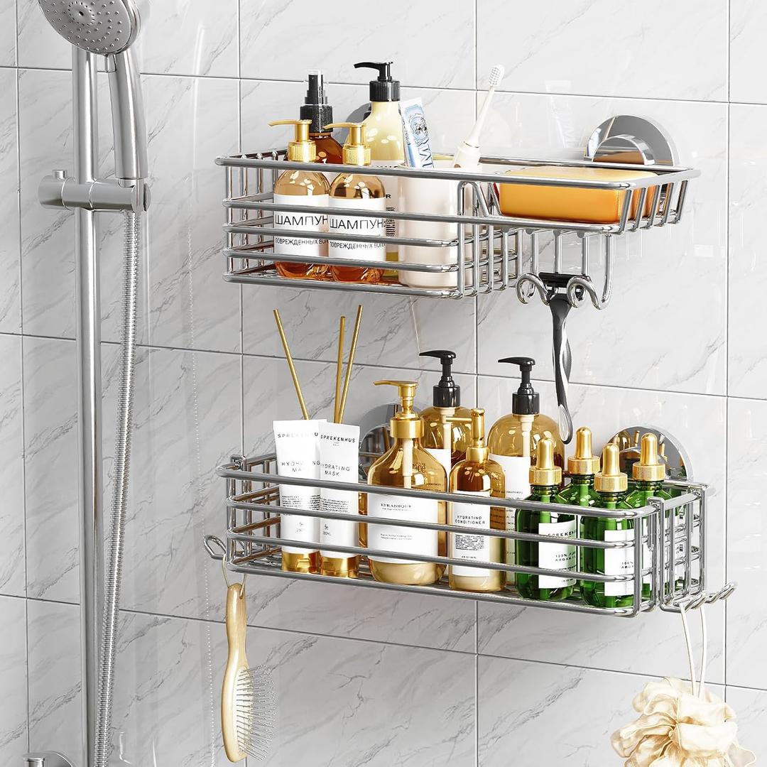 TAILI Shower Caddy Suction Cup 2 Pack with Hooks and Soap holder, Heavy Duty suction bath caddy, No Drilling -Metal Silver Storage Basket