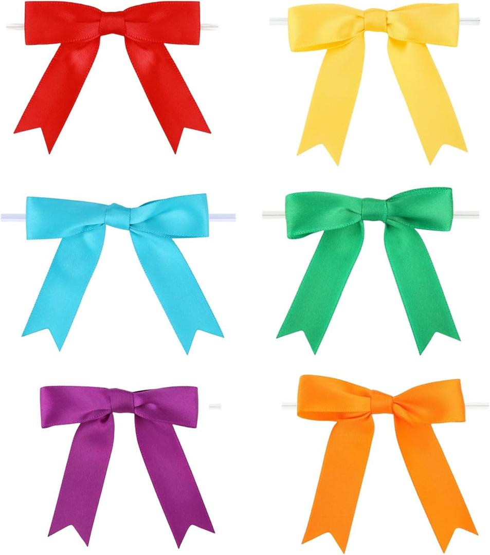 Meseey 3.5 Inch Satin Ribbon Twist Tie Bow 60 Pcs 6 Colors Pretied Premade Craft Bows for Treat Bags Gift Wrapping Basket Wedding Baby Shower Brithday Christmas Party(3.5 inch, Rainbow)