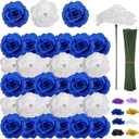 108pcs Roses Head Flowers with Stem - Blue & White Artificial Flowers Rose Bulk - Silk Royal Blue Rose Fake Flower for Wedding Bouquet Party Home Decor DIY Baby Shower Centerpieces Tables Decoration