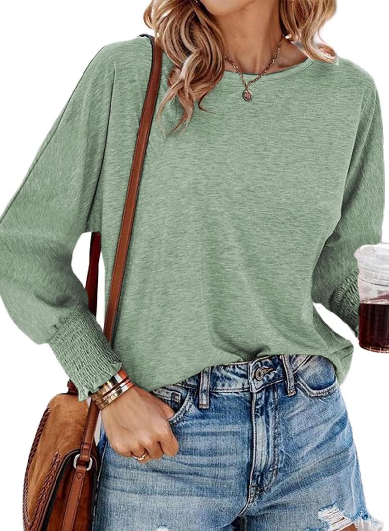 Dokotoo Womens Tops Long Sleeve Tops Shirts 2025 Spring Trendy Business Work Loose Basic T-Shirts (Green, XS)