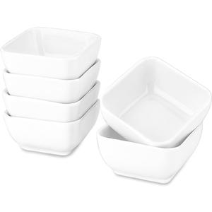 Delling 6 Oz Ramekins, Square Souffle Dish for Pudding, Creme Brulee, Dessert, Snack, Bakeware Cups Set for Baking and Dip Sauce, Oven Safe, Set of 6 (White)