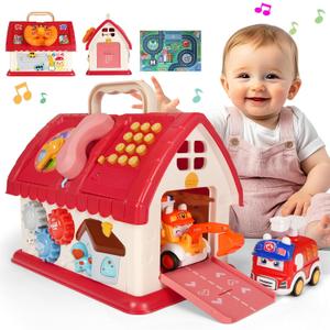 Toys for 1+ Year Old Girl, 8 in 1 Montessori Toys for 1 Year Old, Multi-Functional House Early Educational Learning Toy for Toddlers 1-3 with Music/Lights/Sound/Clock/Car and Map/Telephone (Red)