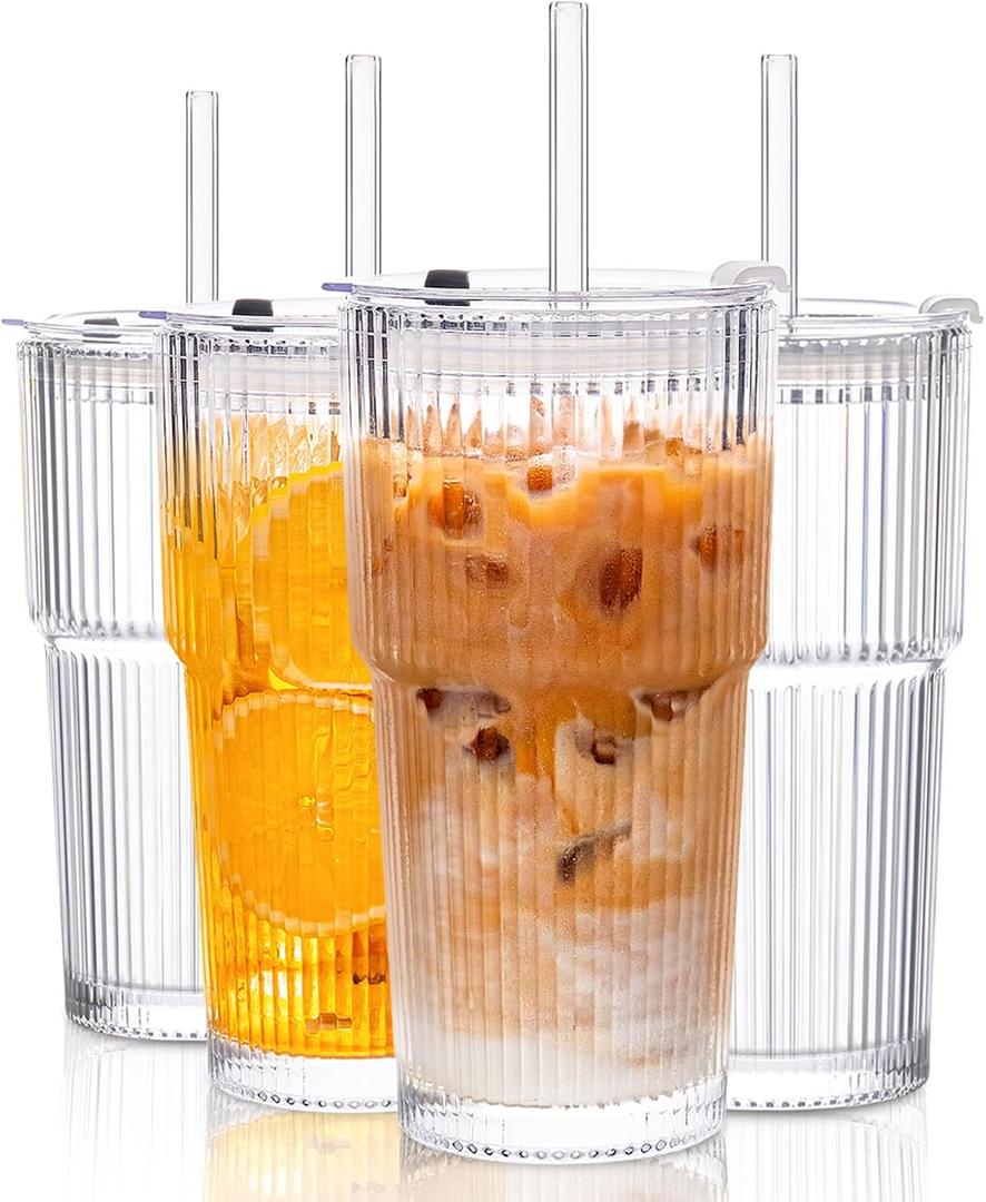 KEMORELA 4-Pack 20 oz Ribbed Glass Tumblers with Lids and Glass Straws Vintage Iced Coffee Cups, Reusable Smoothie & Cocktail Drinking Glasses, Clear Glassware for Home or Cafe