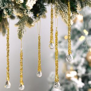 Glass Icicle Ornaments Set of 6 Christmas Tree Drop Hangings with Rhinestone Ornament for Home Garden Window