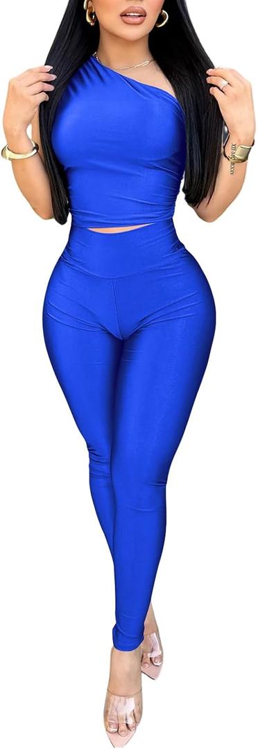 Ekaliy 2 Piece Outfits for Women Sexy One Shoulder Crop Top Bodycon Pants Set Clubwear (Small, Blue)