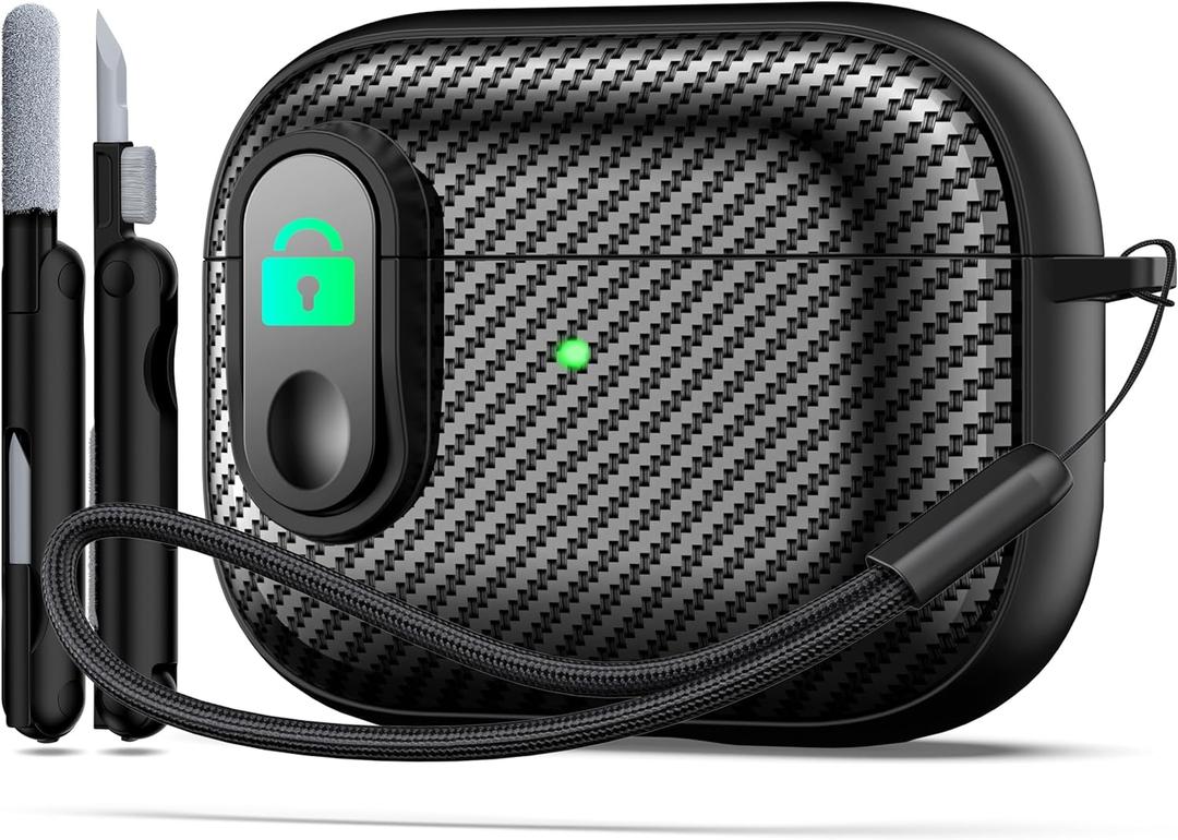 RFUNGUANGO for Airpod Pro Case (2023/2022/2019) with Lock, Carbon Fiber Black Airpods Pro 2nd Generation/1st Generation Case (USB-C/Lightning Cable) Black Switch