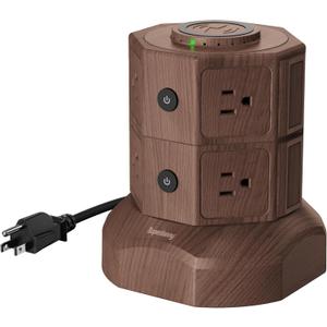 SUPERDANNY Power Strip Surge Protector Tower with 15W Wireless Charger, 13A Charging Station with 1050J Surge Protection, 8 AC Outlets+4 USB Ports (2 USB C) and 6.5ft Extension Cord for Home, Brown