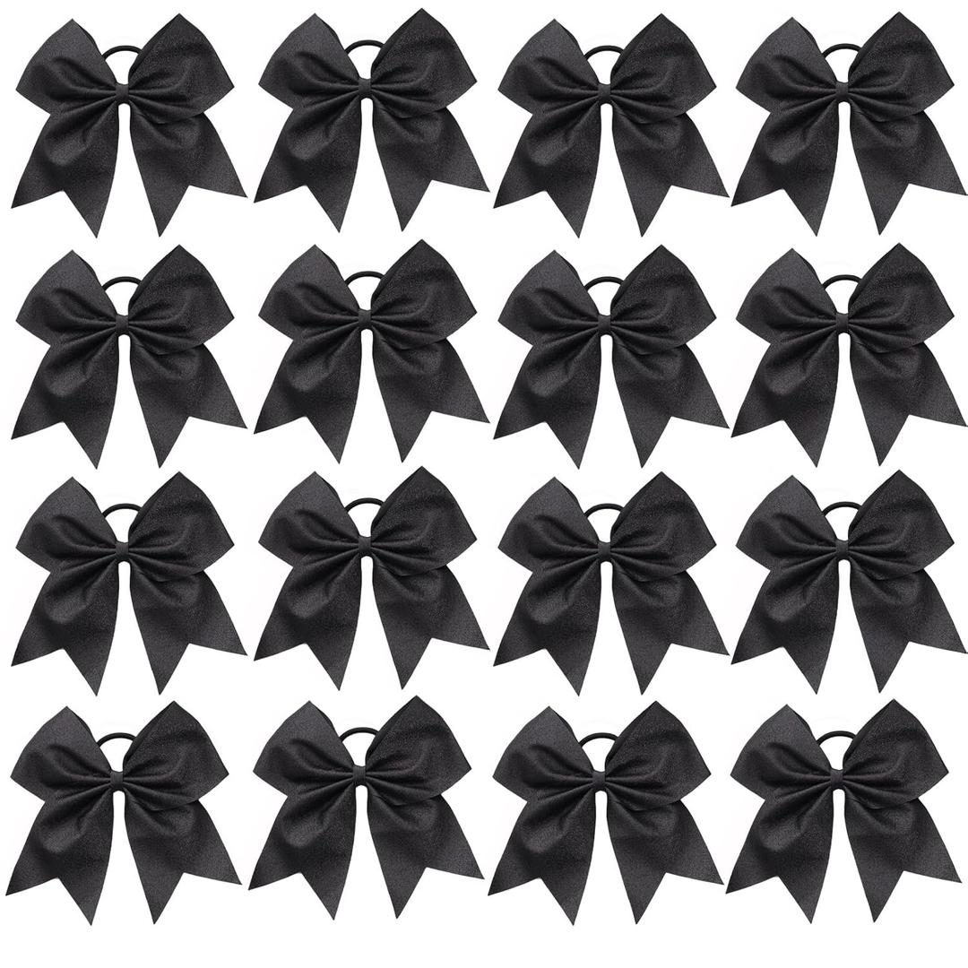 16 PCS Black Large Glitter Cheer Hair Bows, Shiny Cheerleading Bows Ponytail Holder for Cheerleader Girls Softball Sports and Christmas Tree Decor (Glitter Black)