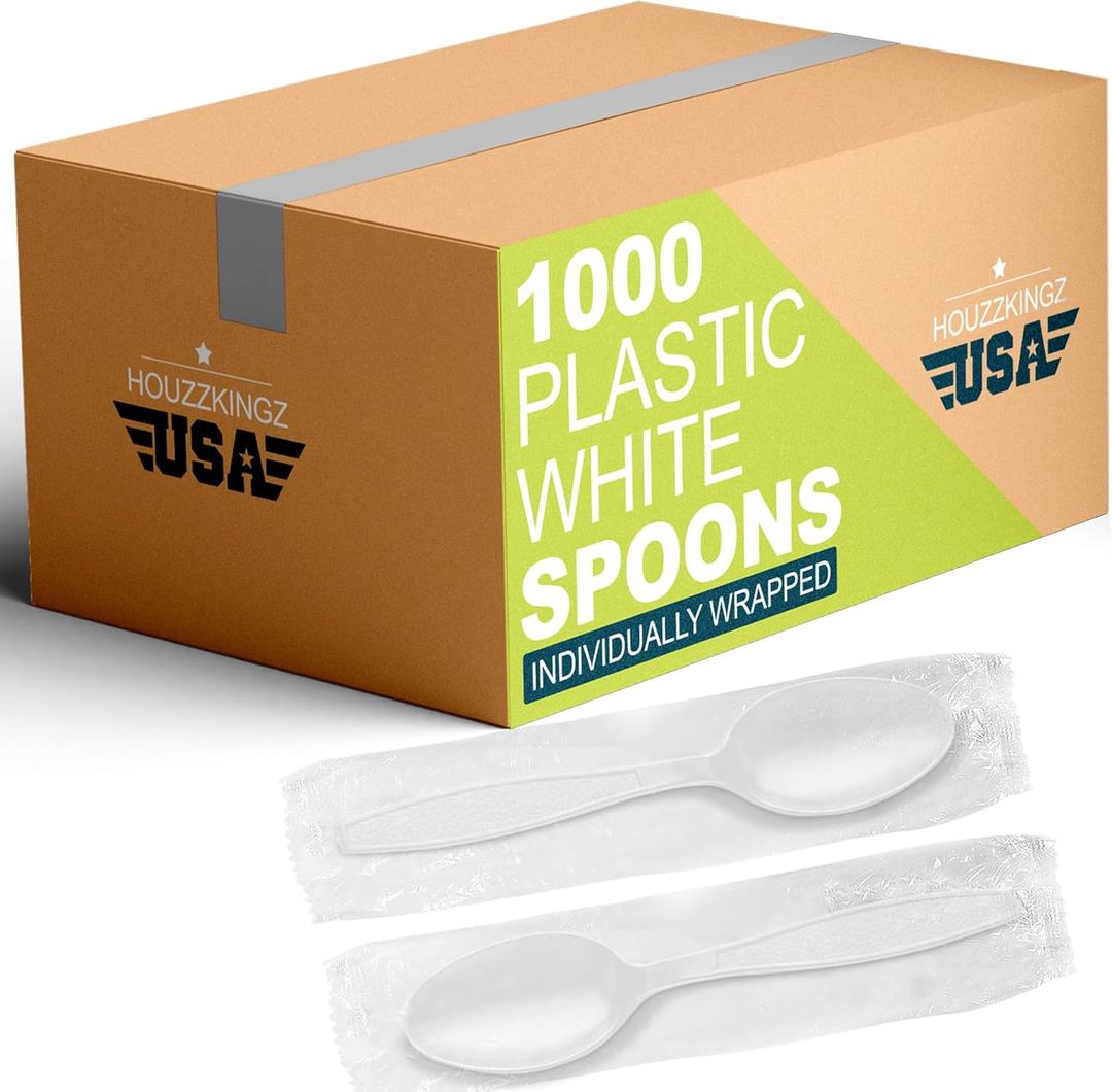1000 Individually Wrapped Plastic Spoons | Bulk Individual Wrapped Disposable White Medium Weight Spoon | Packaged Plasticware Silverware Cutlery Utensils To Go Prepackaged For Take-Out Party Supplies