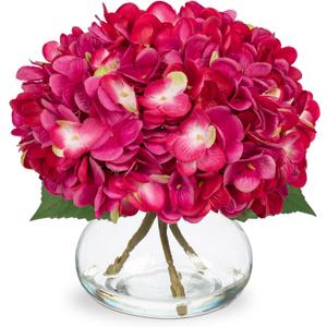Hollyone Hydrangea Artificial Flowers with Glass Vase Fuchsia Silk Faux Flowers Arrangements in Vase with Faux Water Fake Floral Bulk Bouquet for Home Decor Table Centerpiece Decorations