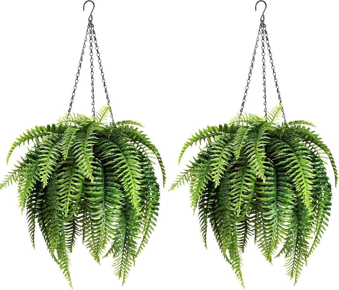 2Pcs Fake Hanging Ferns, Artificial Ferns Hanging Baskets, Fake Hanging Plants UV Resistant Outdoor Faux Plants for Front Porch Patio Garden Décor, No Assembly Required