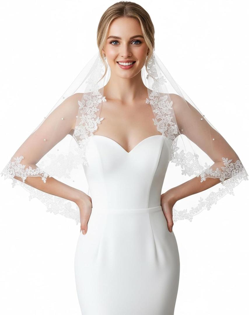 Wedding Veil Lace 1 Tier Cathedral Length Fingertip Length Bride Veil with Metal Comb, 30 in Off White