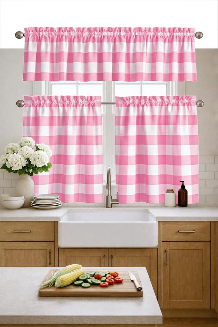 Buffalo Check Tier Curtains with Valance 3 Piece Set, 26x36 Tier Panels and 54x18 Valance, Farmhouse Rod Pocket Kitchen Window Curtains Dcor, Rose Pink
