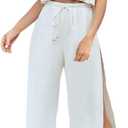 FANCYINN Womens 2 Pieces Outfits Deep V Neck Crop Top Side Slit Drawstring Wide Leg Pants Set Jumpsuits (X-Large, White)