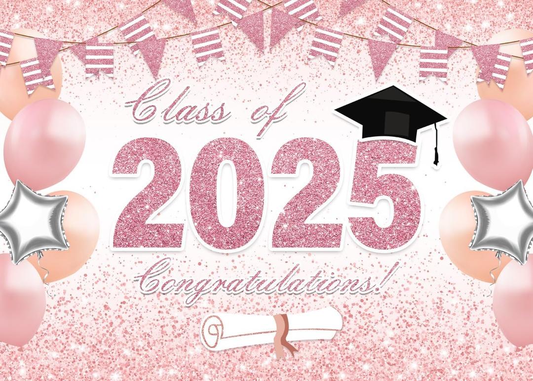 LYCGS 10x8ft Class of 2025 Graduation Backdrop Pink Congrats Grad Photography Background Graduation Prom Party Decor Banner X-375