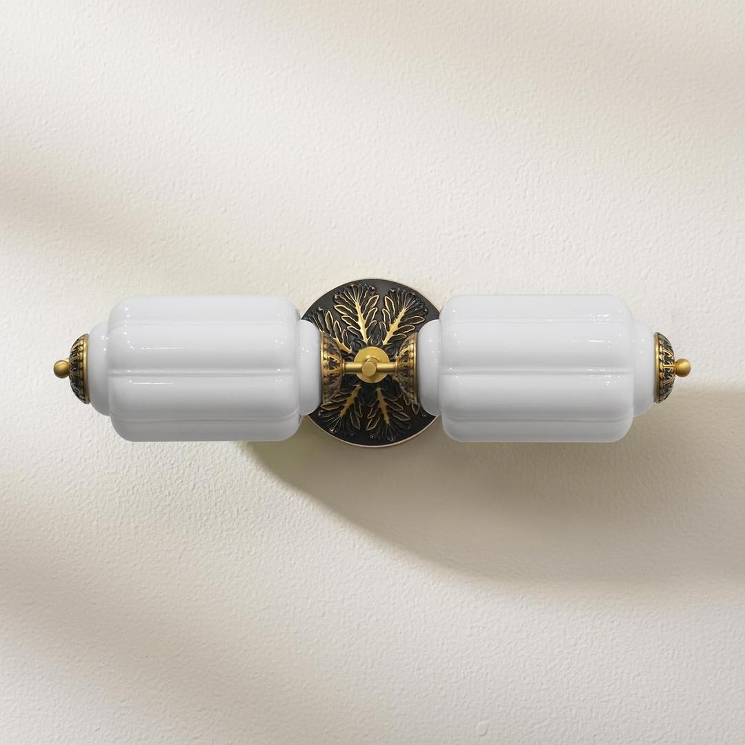 Vintage Bathroom Vanity Light - 2-Light Milk Glass Sconce with Antique Brass Finish & White Shade, Wall Sconce Lighting for Bathroom Mirror, Hallway, Living Room, Bedroom