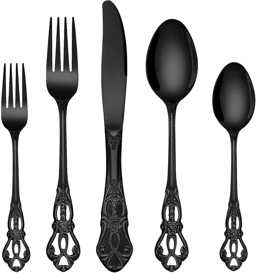 EUIRIO 40 Pieces Black Silverware Set, Royal Retro Flatware Set for 8, Stainless Steel Cutlery Set with Luxury Forks Spoons and Knives, Utensils Set Mirror Polished, Dishwasher Safe