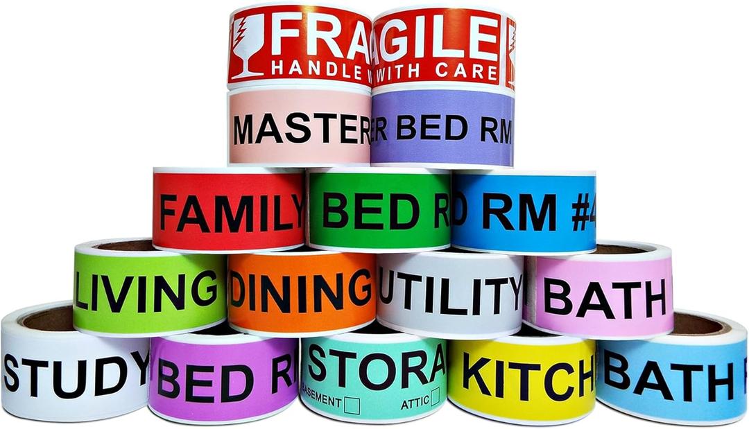 Aegis Adhesives - 1" X 4.5" Home Moving Color Coding Labels (16 Rolls, 50/Roll, 800 Total) 4 Bedroom House + Fragile Stickers - 14 Different Living Spaces + 2 Handle with Care