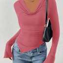 PRETTYGARDEN Womens Bell Long Sleeve Shirts Casual Cowl Neck Asymmetrical Slim Fit Crop Tops Y2K Going Out Spring Clothes (Pink, M)