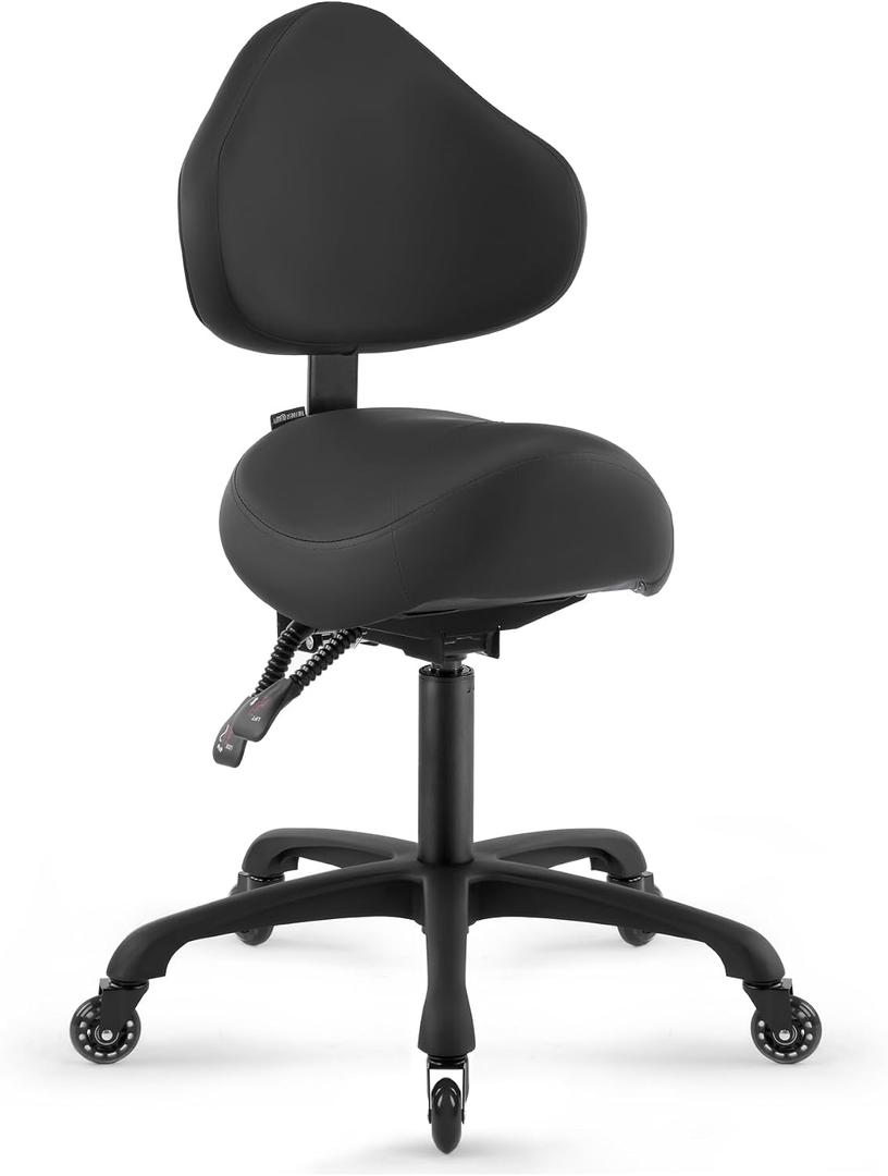 Pneumatic Swivel Rolling Saddle Chair with Wheels and Ergonomic Back Support for Hair Stylist, Dental Hygienist, Hygienic Clinic, Spa, Massage, Home, Office - 510 KOA
