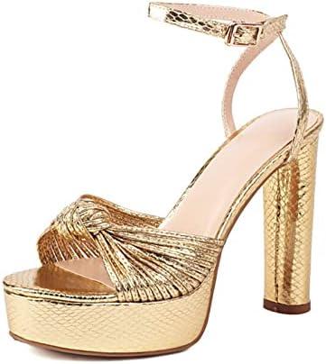 Goolita Bow Metallic Platform Heels for Women Chunky Buckle Ankle Strap Heeled Sandals Sexy Snakeskin Comfortable Party Bridal Shoes, Size 38
